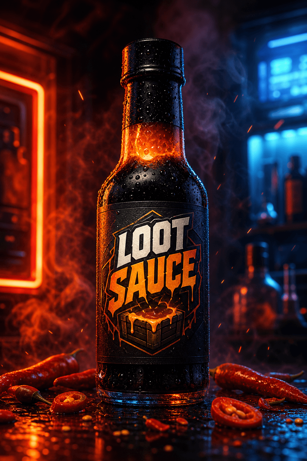 Cinematic Loot Sauce hot sauce bottle surrounded by peppers, smoke, and neon light